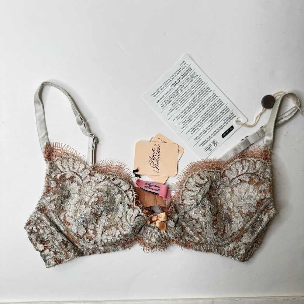 NWT AGENT PROVOCATEUR Lorelli Lace Silk Underwire Bra Rose Gold and Silver 34B - Picture 9 of 16